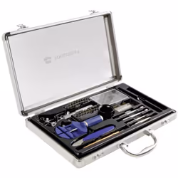 Description générale Le kit d'outils d'horlogerie est une boîte de réparation entièrement équipée, présentée dans une mallett ...