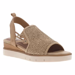 Nu-pieds en cuir sable à talon compensé et à bandes élastiquées