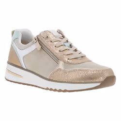 Sneakers beige et or à talon compensé bas avec zip latéral doré et lacets plats