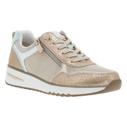 Sneakers beige et or à talon compensé bas avec zip latéral doré et lacets plats