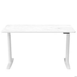 Bureau réglable en hauteur électriquement - hjh OFFICE - STAND PRO - Blanc/Marbre - Panneau MDF cadre en acier