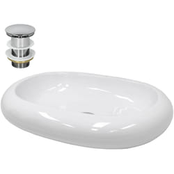 Ecd Germany - Vasque à Poser Lavabo Salle de Bain - Ovale - 630 x 420 x 120 mm - en Céramique - Blanc - avec Kit de Vidange sans Trop-plein