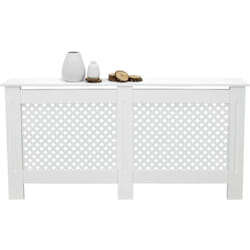 ECD Germany Cache-Radiateur Chauffage Moderne - 152x19x82cm - Blanc Étagère en Bois MDF Housse Décorative Robuste Motif Nid d'Abeille Murale Meuble