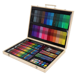 Set de peinture 220 pièces dans un coffret en bois avec feutres crayons de cire pastels gras crayons de couleur et aquarelle