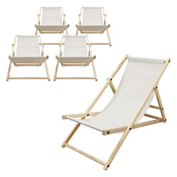 ECD Germany Set de 5 Chaises Longues Pliantes Beige en Bois Dossier Réglable 3 Positions jusquà 120kg Bain de Soleil pour Jardin
