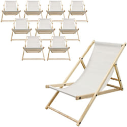 Ecd Germany - Lot de 10 Chaises Longues Pliantes en Bois Chiliennes, Beige, Dossier Réglable, 3 Positions de Couchage, jusqu'à 120kg, Bain de Soleil