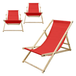 Lot de 3 chaises longue de jardin bain de soleil rouge cadre bois de pin 120 kg