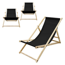 Lot de 3 chaises longue de jardin bain de soleil noir cadre bois de pin 120 kg