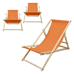 Lot de 3 chaises longue de jardin bain de soleil orange cadre bois de pin 120 kg