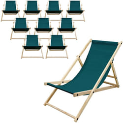 Ecd Germany - Lot de 10 Chaises Longues Pliantes en Bois Chiliennes, Vert Foncé, Dossier Réglable, 3 Positions de Couchage, jusqu'à 120kg, Bain de