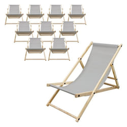 ECD Germany Set de 10 Chaises Longues Pliantes Gris Clair en Bois Dossier Réglable 3 Positions jusquà 120kg Bain de Soleil Jardin