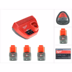 Contenu de la livraison: - 1x Milwaukee M12 Chargeur pour batteries Li-Ion 12 V - 3x Milwaukee M12 B 12 V - 2,0 Ah batterie L ...