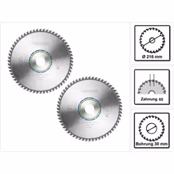 Contenu du paquet: - 2x Festool ALUMINIUM/PLASTICS HW 216x2,3x30 W60 Lames de scie circulaire, 216 mm, 60 dents (491051) Desc ...