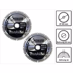 Contenu du paquet: - 2x Makita CMSF16560E SPECIALIZED EFFICUT Lame de scie pour le bois 165 x 1,85 x 20mm - 60 dents Descript ...