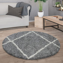 Paco Home - Tapis Shaggy Tapis Rond Salon Moderne Tapis Poils Longs Scandinave Motif Diamant Gris, 120 cm rond