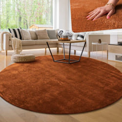 Paco Home - Tapis Moderne Salon à Poils Courts Lavable Doux Uni Effet Fourrure Antidérapant Cuivre, 200 cm rond