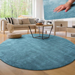 Paco Home - Tapis Moderne Salon à Poils Courts Lavable Doux Uni Effet Fourrure Antidérapant Turquoise, 160 cm rond