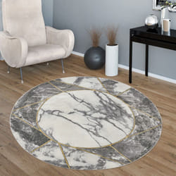 Paco Home - Tapis Poil Ras Gris Doré Doux Salon Aspect Marbré Différents Designs 120 cm rond, Or 5