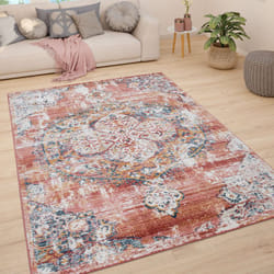 Paco Home - Tapis De Salon Poils Ras Tapis Vintage Motif Oriental Moderne Pastel Rouge, 200 cm rond