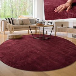 Paco Home - Tapis Moderne Salon à Poils Courts Lavable Doux Uni Effet Fourrure Antidérapant Rouge, 200 cm rond