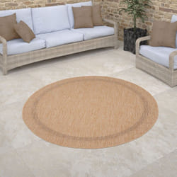 Paco Home Tapis Exterieur Rond Terrasse Balcon Cuisine Geometrique Moderne Rayures Bordure Beige, 120 cm rond