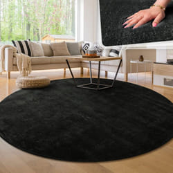 Paco Home - Tapis Moderne Salon à Poils Courts Lavable Doux Uni Effet Fourrure Antidérapant Noir, 160 cm rond
