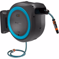 GARDENA Dévidoir mural PowerRoll XL sans batterie, 35 m de tuyau, bleu turquoise Le dévidoir automatique mural PowerRoll XL a ...