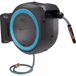 GARDENA Dévidoir mural PowerRoll XXL - Kit prêt à l’usage, 40 m, bleu turquoise Le dévidoir automatique mural PowerRoll XXL a ...