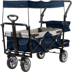 Chariot de transport pliable à pédales avec toit, bleu / gris, chariot de transport avec système de ceinture, charrette de plage - Zelsius