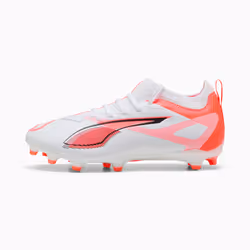 PUMA Ultra 5 Match FG/AG Jr, Football, Unisexe, Orange, Blanc, Enfant, Motif, Fermeture par lacet
