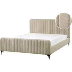 Beliani - Lit Double Sommier à Lattes avec Haute Tête de Lit et Pieds en Métal 160 x 200 cm en Tissu Bouclé Beige Lunan