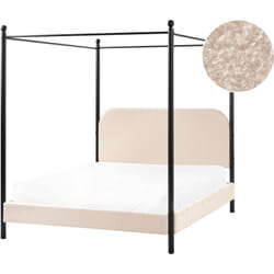 Beliani - Lit à Baldaquin Minimaliste en Bouclé 140 x 200 cm Cadre Métallique Noir Lattes Bois de Peuplier Beige Dannemois