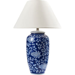 Beliani - Lampe à Poser en Porcelaine avec Motif Abat-Jour en Lin en Forme de Tambour Éclairage Chambre Salon Élégant Bleu et Blanc Angeles