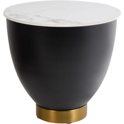 Table d'Appoint Moderne Plateau en Pierre Frangée ø 48 cm Base en Métal Noir Accent Doré avec Rangement Noire Nadine
