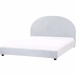 Lit minimaliste avec tête de lit demi-ronde. Les formes incurvées et les tissus texturés sont parfaits pour créer une chambre ...