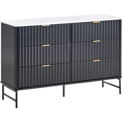 Commode Moderne à 6 Tiroirs en MDF Pieds en Métal Façade Cannelée Effet Marbre Noir Glastonbury