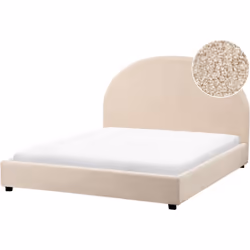 Lit minimaliste avec tête de lit demi-ronde. Les formes incurvées et les tissus texturés sont parfaits pour créer une chambre ...