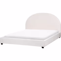 Lit minimaliste avec tête de lit demi-ronde. Les formes incurvées et les tissus texturés sont parfaits pour créer une chambre ...