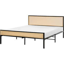 Cadre de lit Double Moderne Sommier à Lattes 160 x 200 cm Tête de Lit Polyrotin Tresse Viennoise Cadre Métal Noir Avanton