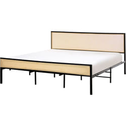 Cadre de lit Double Moderne Sommier à Lattes 180 x 200 cm Tête de Lit Polyrotin Tresse Viennoise Cadre Métal Noir Avanton