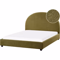 Lit minimaliste avec tête de lit demi-ronde. Les formes incurvées et les tissus à la texture riche définissent les meubles pa ...
