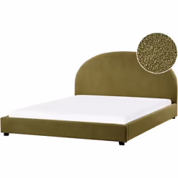 Lit minimaliste avec tête de lit demi-ronde. Les formes incurvées et les tissus à la texture riche définissent les meubles pa ...
