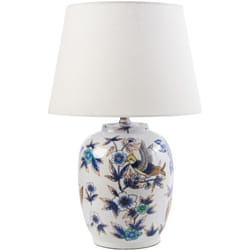 Beliani - Lampe de Table Élégante avec Base en Porcelaine Motif Floral Abat-jour Cloche en Lin Blanc et Bleu Sunja