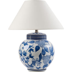 Beliani - Lampe de Table Élégante avec Base en Porcelaine Motif Floral Abat-jour Cloche en Lin Blanc et Bleu Arunca