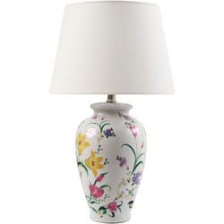 Lampe de Table Élégante avec Base en Porcelaine Motif Floral Abat-jour Cloche en Lin Blanc Acrosso