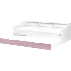 Cadre Lit Gigogne avec Sommier à Lattes Extensible 90 x 200 cm en Bois de Pin Blanc et Rose Edern