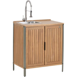 Meuble de Cuisine d'Extérieur en Bois d'Acacia à 2 Portes et 2 Etagères avec Evier et Robinet 50 x 80 x 92 cm Plateau en Bois Massif Marron Ivrea