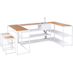 Ensemble de Cuisine de Jardin en Acier et Bois Polychrome avec Table de Bar Evier et 2 Tabourets Salle à Manger Extérieur Marron et Blanc Avetrana