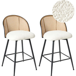 Lot de 2 Chaises de Bar Retro en Bouclé et Métal 91 cm Siège Pivotant à 360° Dossier Tresse Viennoise Blanc Cassé Nathan