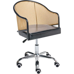Chaise de Bureau Retro en Cuir PU et Rotin PE Tresse Viennoise Dossier Réglable Pivotant Noir Redding